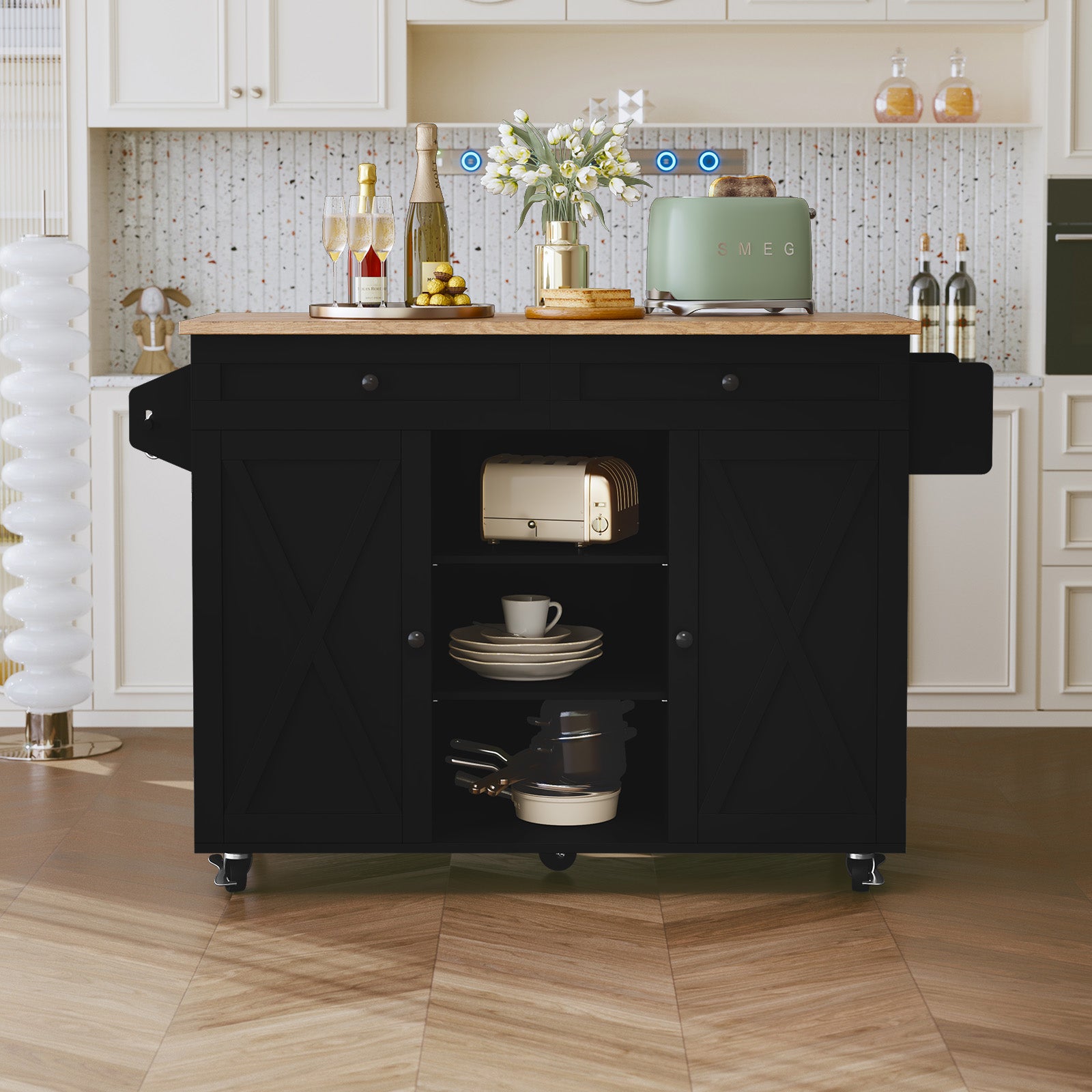 CBJCBJ 51.7" Rolling Kitchen Island Foldable, Adjustable Shelf & 2 Storage Doors - Mobile Kitchen Cart, Breakfast Bar with Storage (Black)