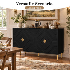 HLR 58" Modern Accent Sideboard Cabinet, 4 Doors, Adjustable Shelves, Fluted Storage Cabinet, Black