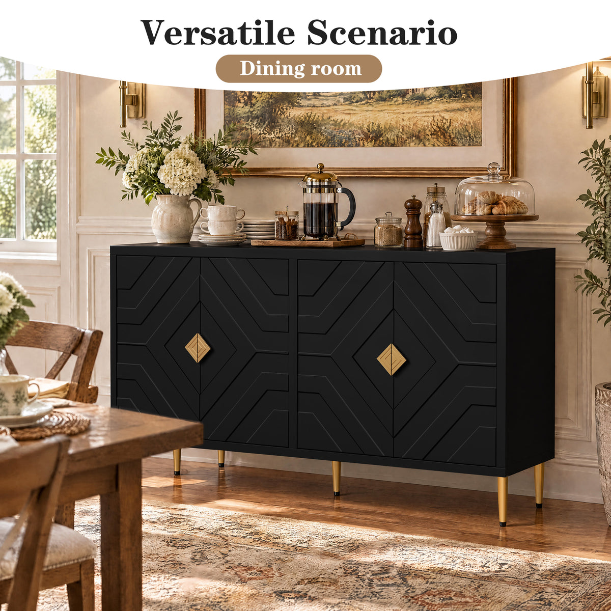 HLR 58" Modern Accent Sideboard Cabinet, 4 Doors, Adjustable Shelves, Fluted Storage Cabinet, Black