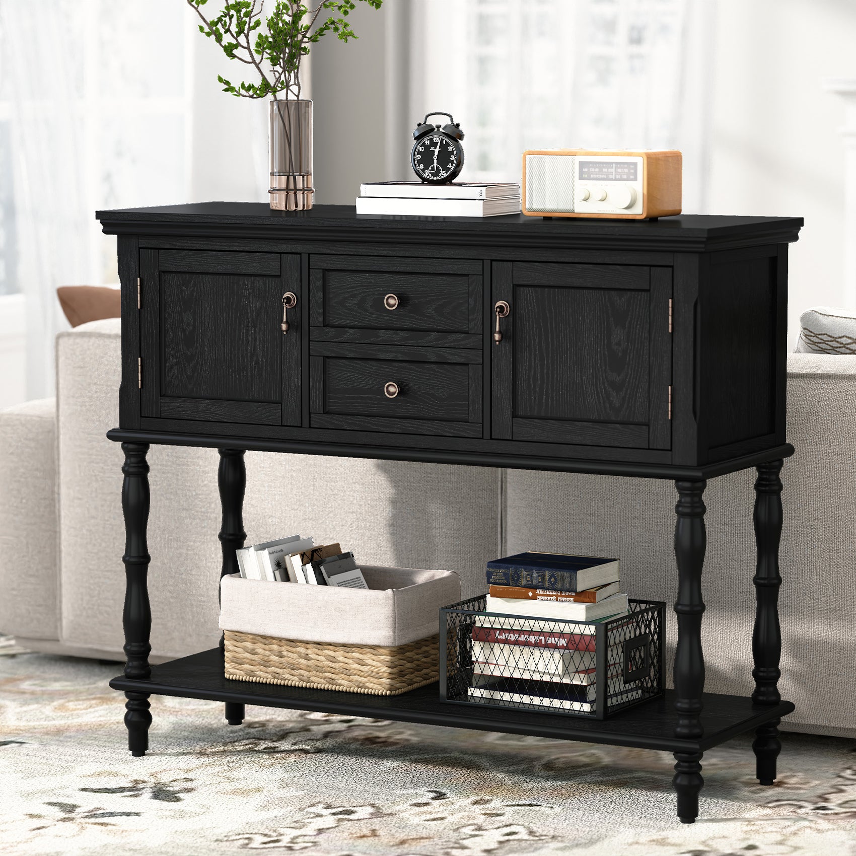 CBJCBJ 42" Farmhouse Console Table , 2 Drawer Narrow Long Entryway Table with Open Storage Shelf , for Living Room, Black