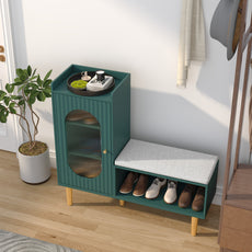 CBJCBJ Modern Storage Bench with Glass Door & Shelf - L-Shaped Entryway Cabinet, Padded Seat for Hallway/Bedroom/Office