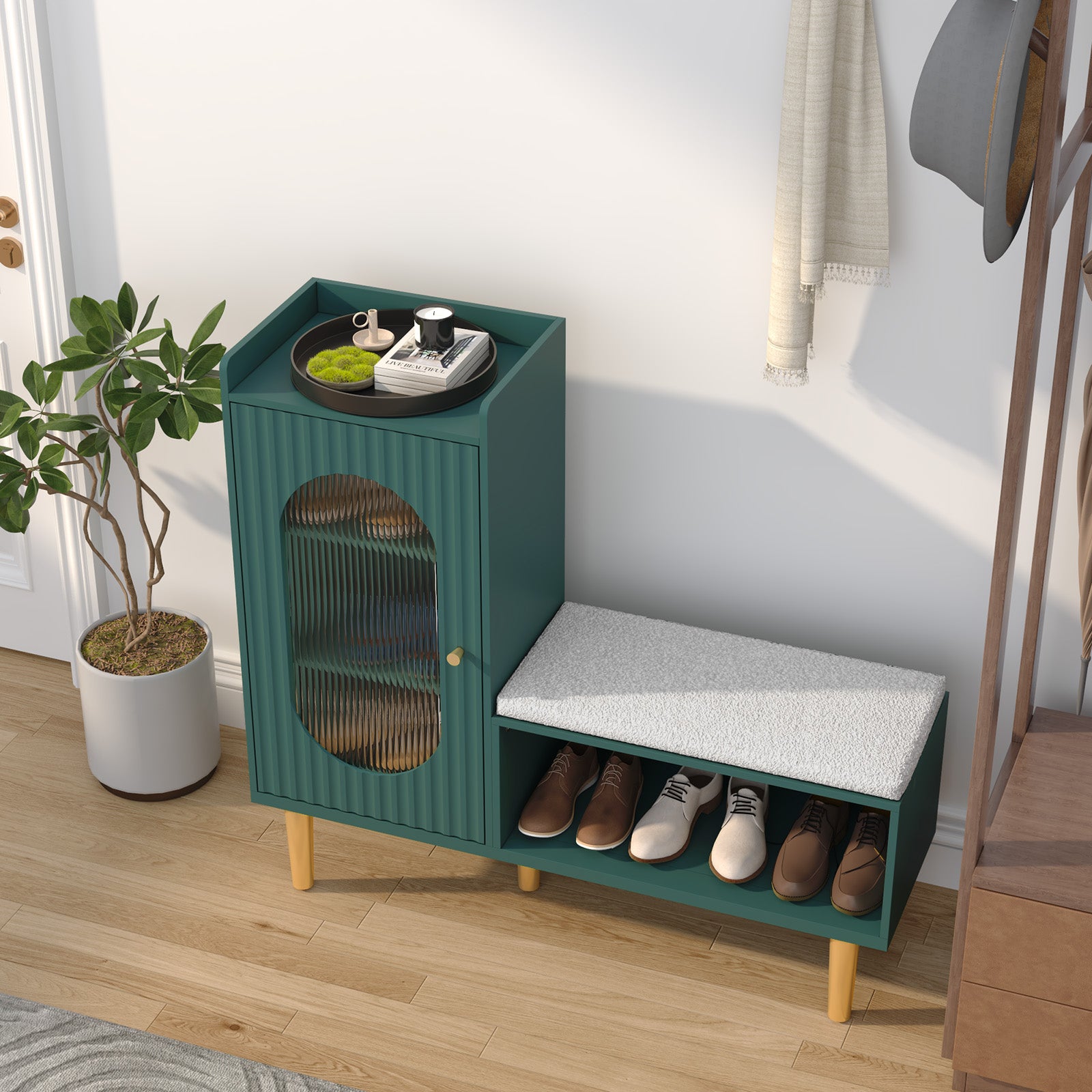 CBJCBJ Modern Storage Bench with Glass Door & Shelf - L-Shaped Entryway Cabinet, Padded Seat for Hallway/Bedroom/Office