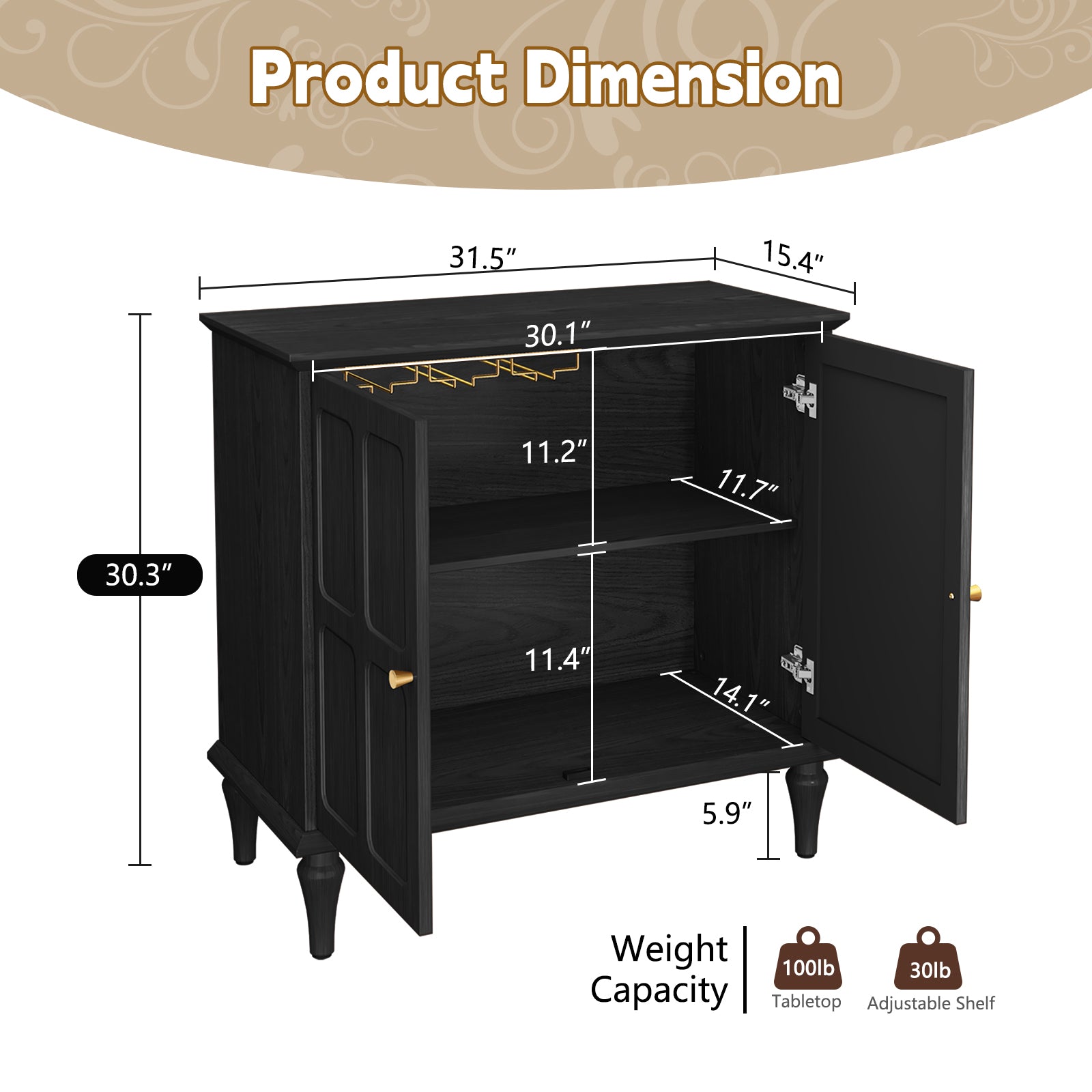 CBJCBJ 31.4"Mid Century Modern Sideboard Buffet Cabinet , Storage Cabinet with Adjustable Shelves, Accent Cabinet for Entryway, Dining Room, Black