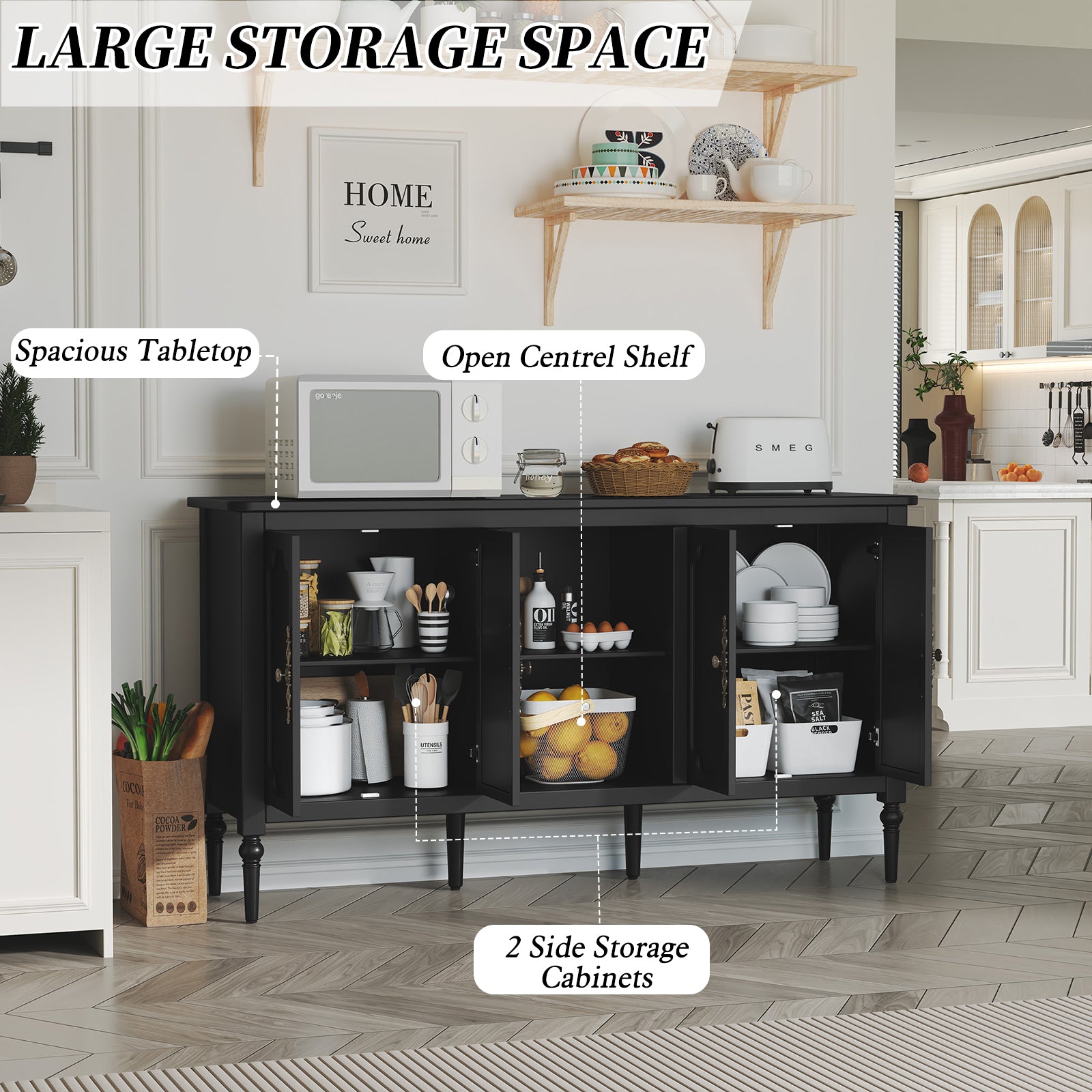CBJCBJ 59" Mid-Century Storage Cabinet with Adjustable Shelves, Double-Layer Open Design for Living Room & Bedroom, Black
