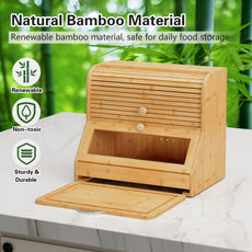 CBJCBJ Natural Bamboo Bread Box with Cutting Board and Roll Top, 2-Tier Large Wood Bread Bin for Kitchen,Wood