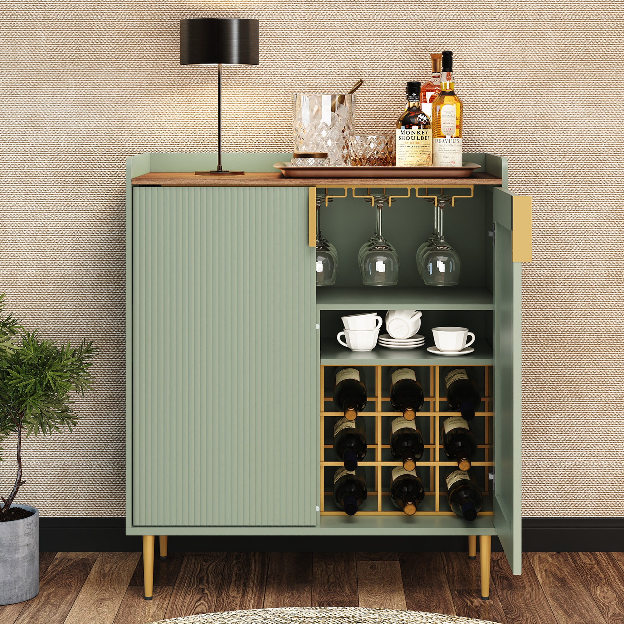 CBJCBJ Modern Wine Cabinet, Home Bar Cabinet with Storage Drawers and Wine Rack, Kitchen Sideboard,Sage Green