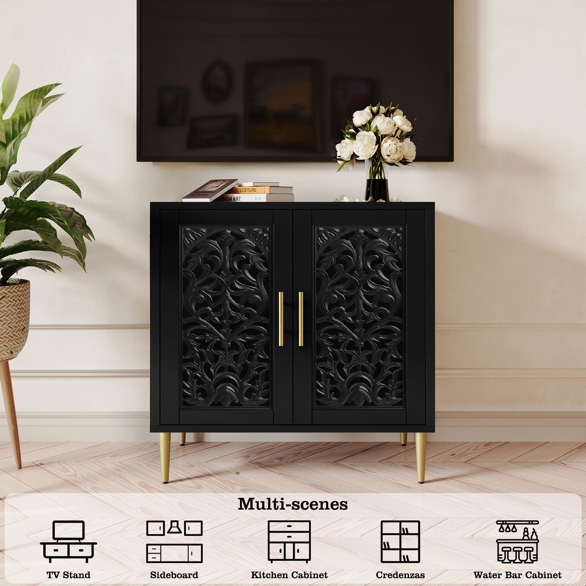 HLR 31.4" Accent Cabinet, 2 Doors Sideboards and Buffets Cabinet with Storage for Living Room, Black