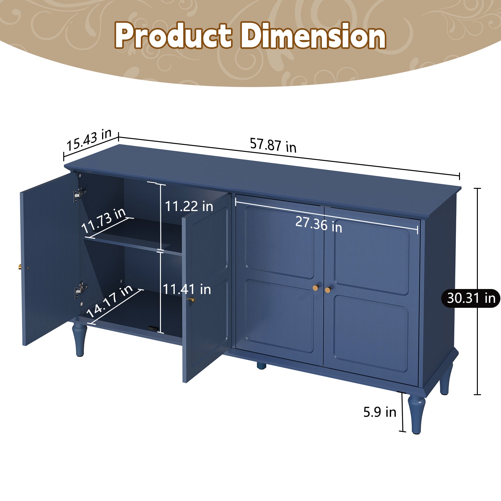 CBJCBJ Mid-Century 58'' Wood 4 Door Sideboard Buffet Cabinet for Living Dining & Bedroom, Blue