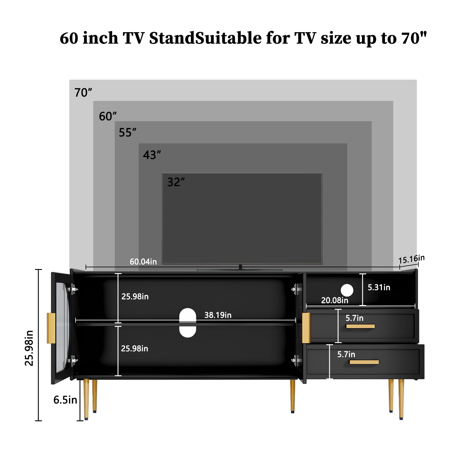 CBJCBJ 60.1" Modern Glass Door TV Stand with 2 Drawers & Adjustable Shelf | Entertainment Center for TVs up to 70 Inch | 4-Compartment Media Console Storage(BLACK)