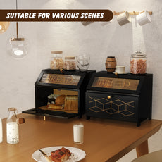 HLR Large Bread Box, Wood 2-layer Bread Box Storage for Kitchen Counter, with Bar Pattern Windows, Black
