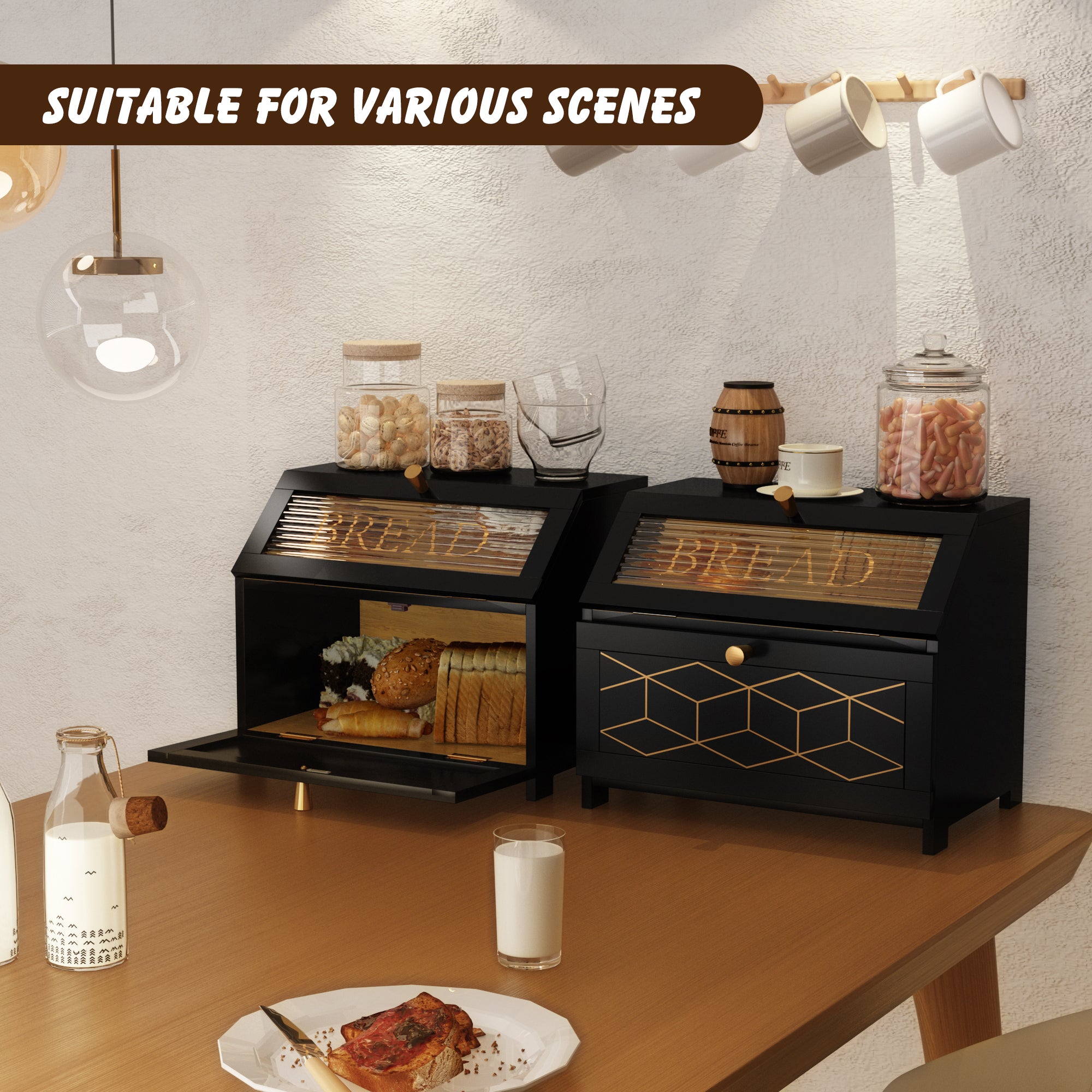 HLR Large Bread Box, Wood 2-layer Bread Box Storage for Kitchen Counter, with Bar Pattern Windows, Black