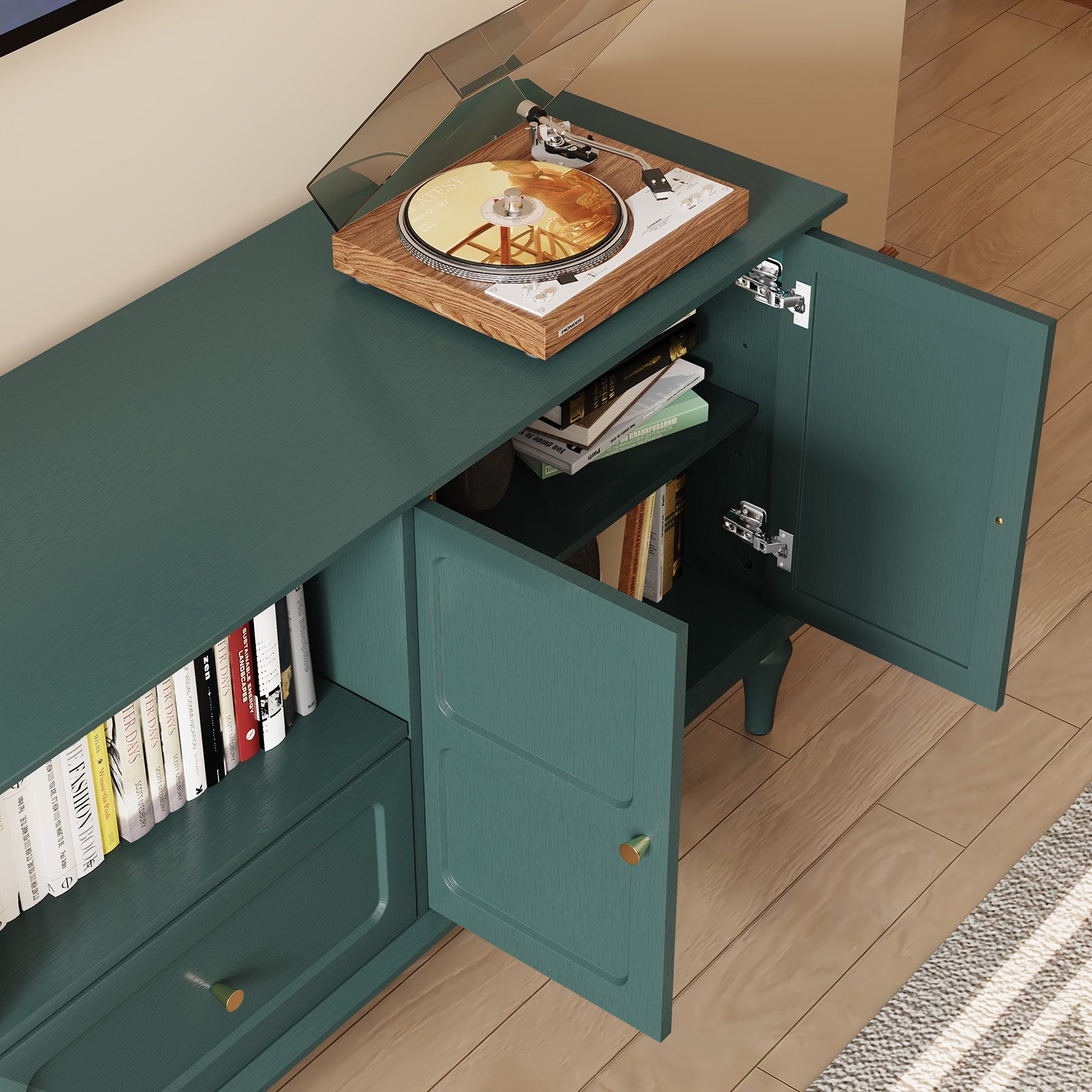 CBJCBJ 67"Mid-Century Modern TV Stand with Storage and Adjustable Partition , Media Console for TVs up to 75", Green