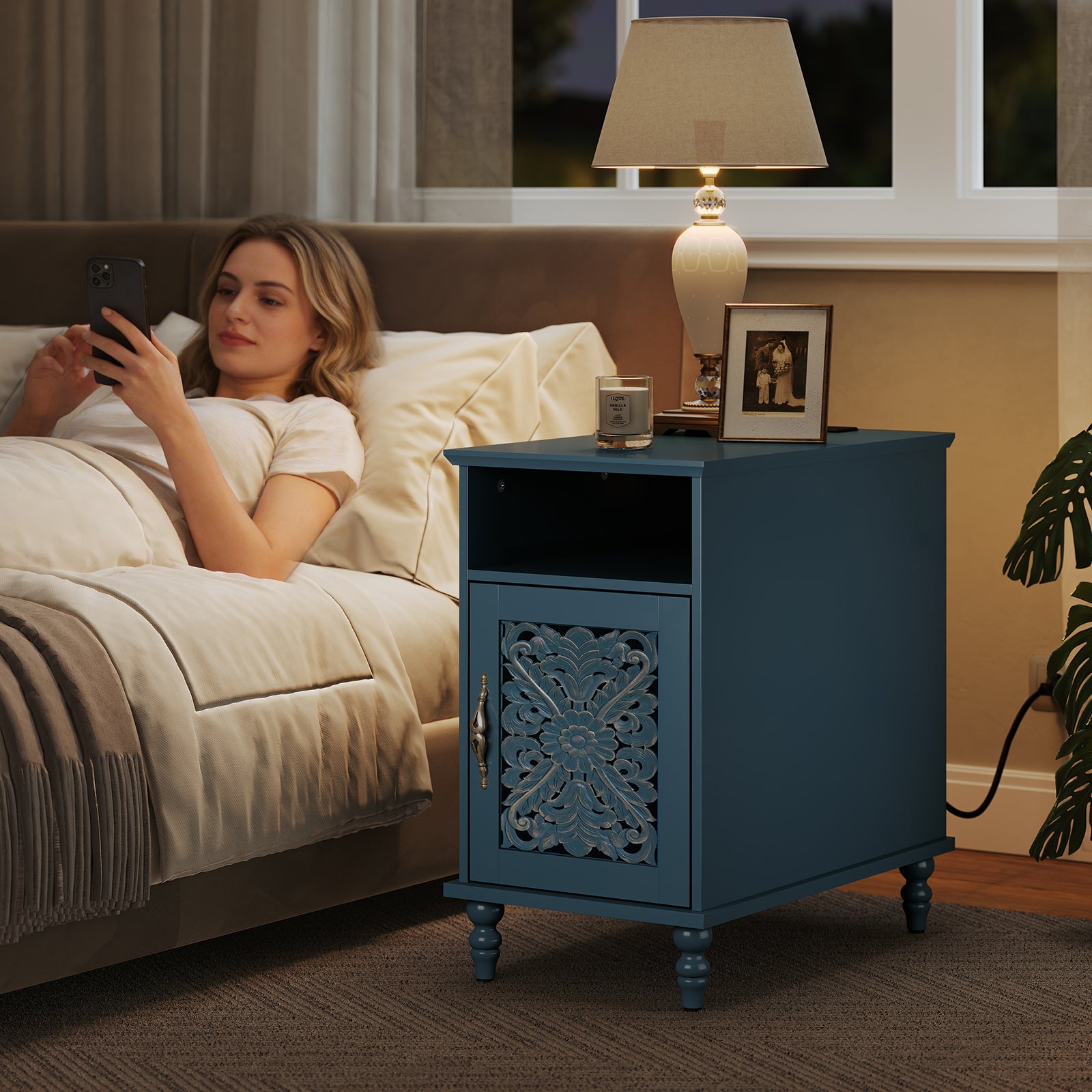HLR 13.77" Nightstand with Charging Station, Modern Navy Blue End / BedSide Table for Living Room