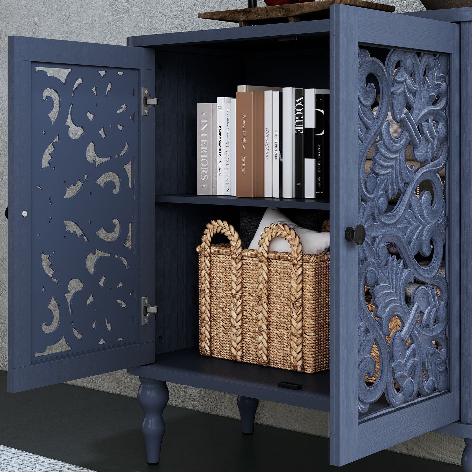 HLR 31.5"W Mid Century Rounded Corners Sideboards Buffets Cabinet with 2 Doors Storage for Kitchen Dining, Blue