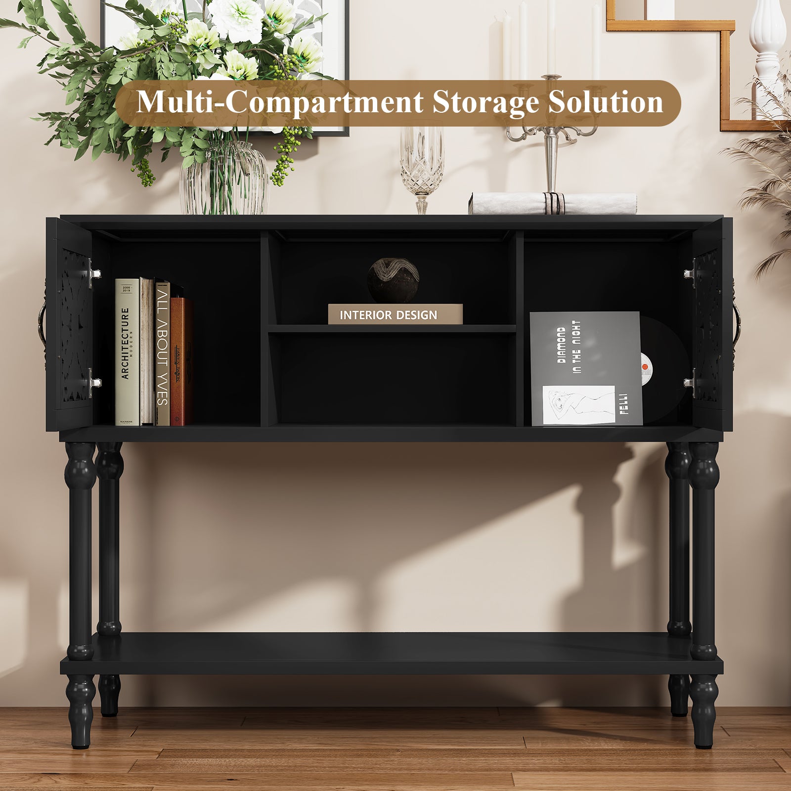 CBJCBJ 42'' Modern Retro Console Table, Entryway Table with Open Storage Shelf , for Living Room,Black