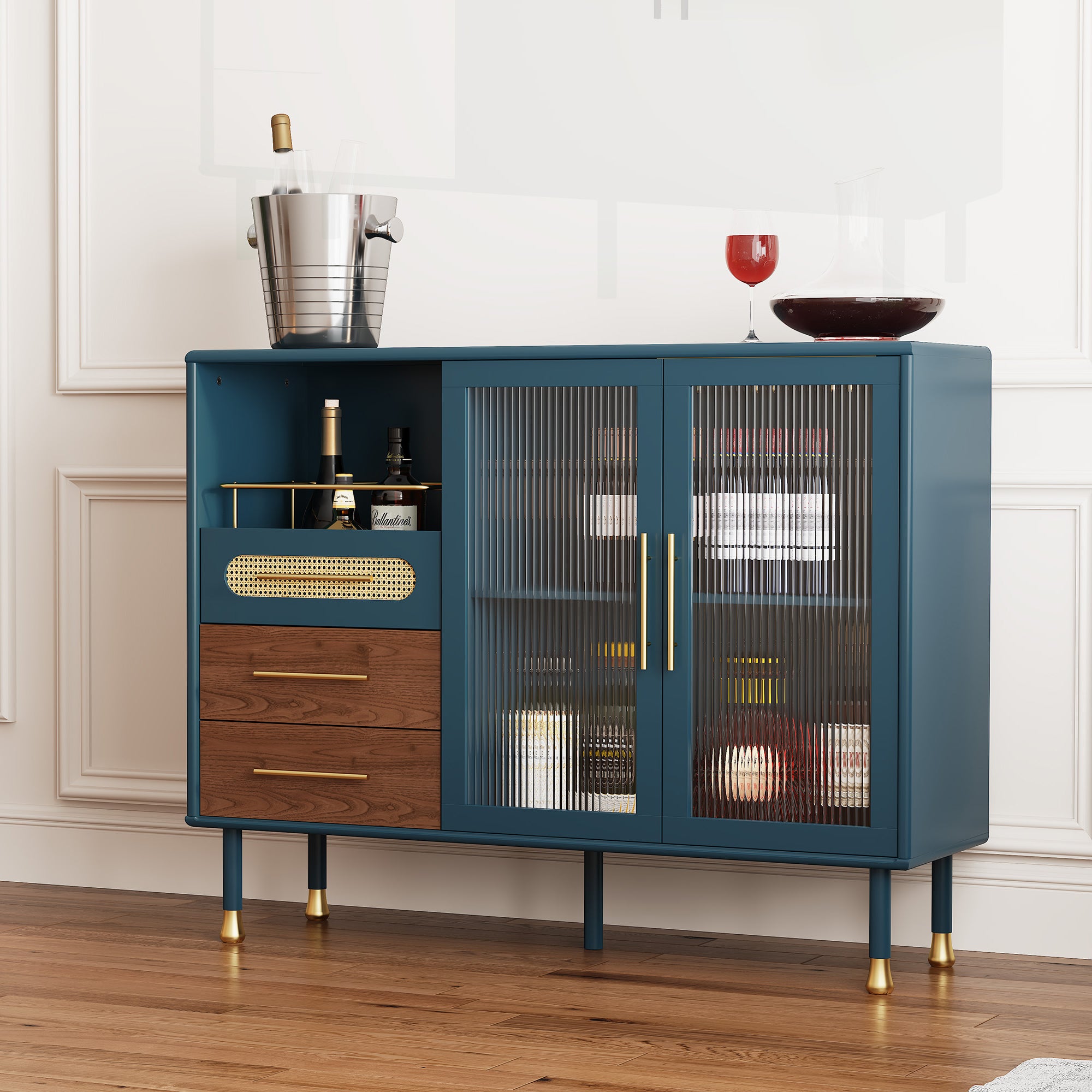 CBJCBJ 47” Coffee Bar Cabinet with Glass Rack, Modern Wine Bar Cabinet with Storage, for Dining Room, Blue