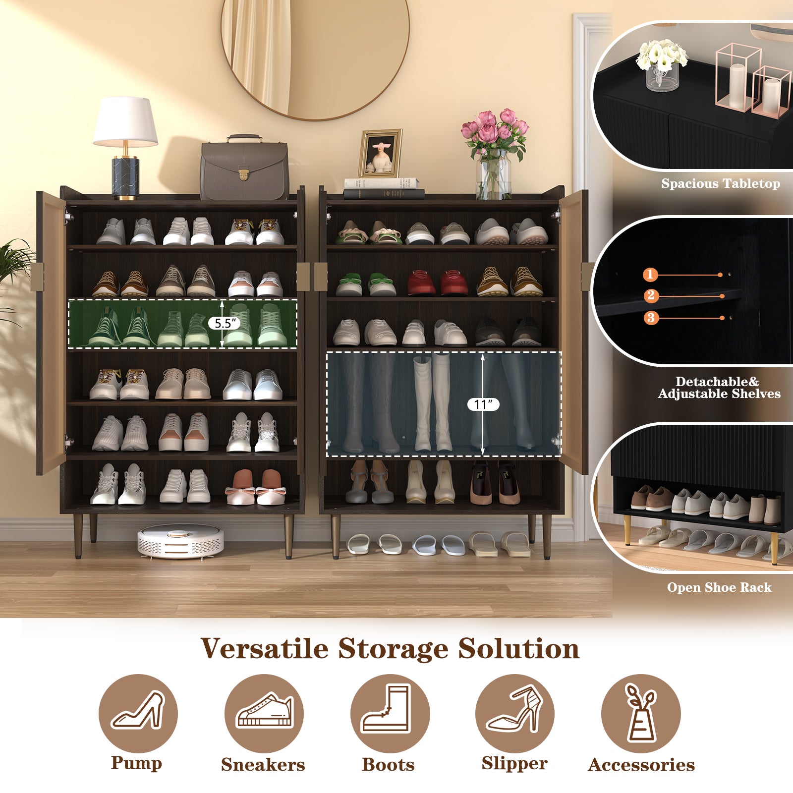 CBJCBJ 7-Tier Shoe Cabinet Storage with 2 Door and Adjustable Shelves Wood Shoes Rack for Entryway, Brown
