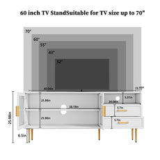 HLR Modern 60” TV Stand for 65-inch TVs with Glass Door & Drawers, Entertainment Center with Storage, Living Room, White