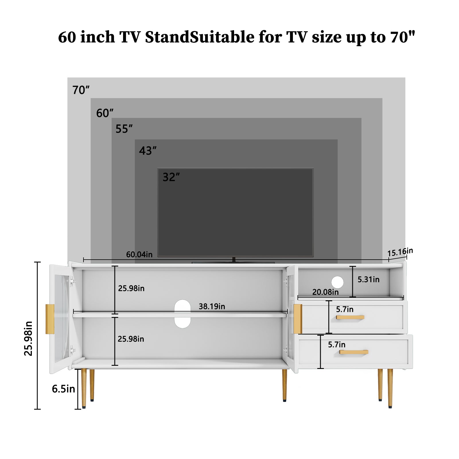 HLR Modern 60” TV Stand for 65-inch TVs with Glass Door & Drawers, Entertainment Center with Storage, Living Room, White