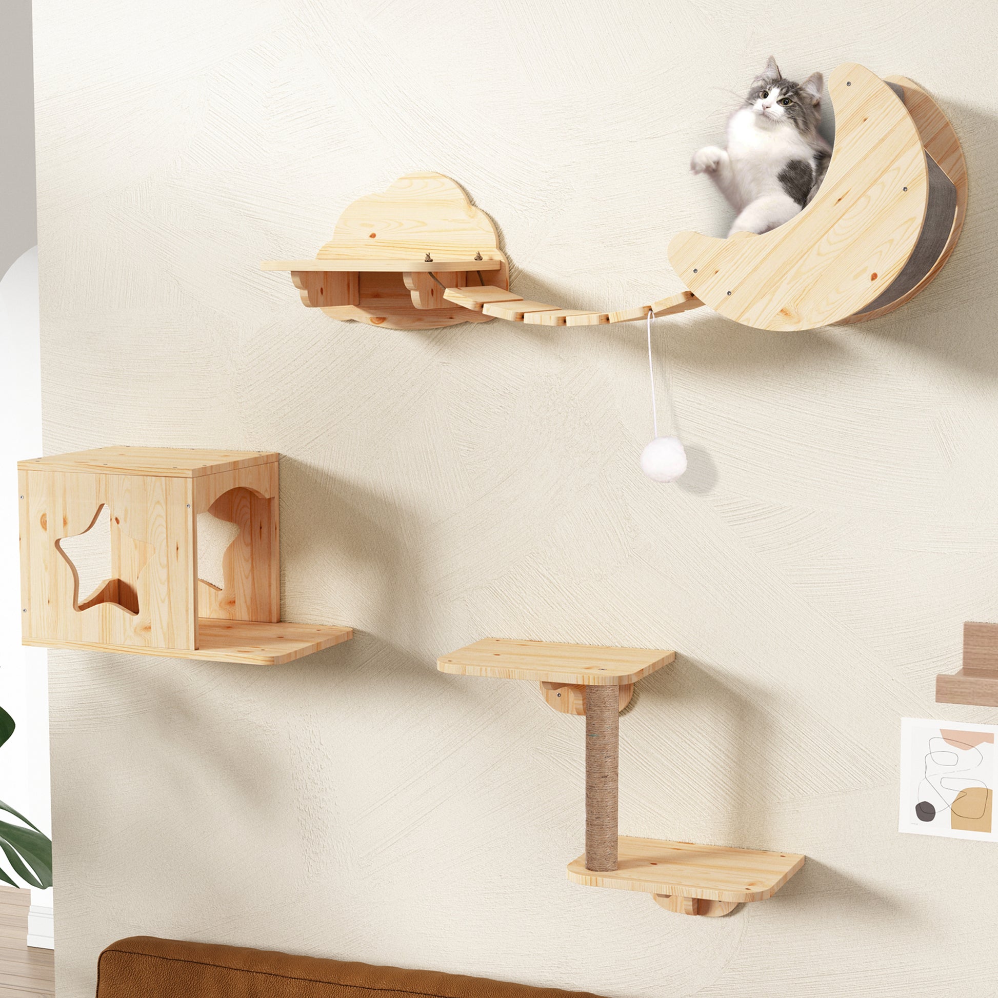 CBJCBJ Solid Wood Cat Wall Mounts Shelves Perches Set, Sleeping Playing Lounging Climbing Wall-mounted Cat Tree House for Multiple Cats, 5-Piece