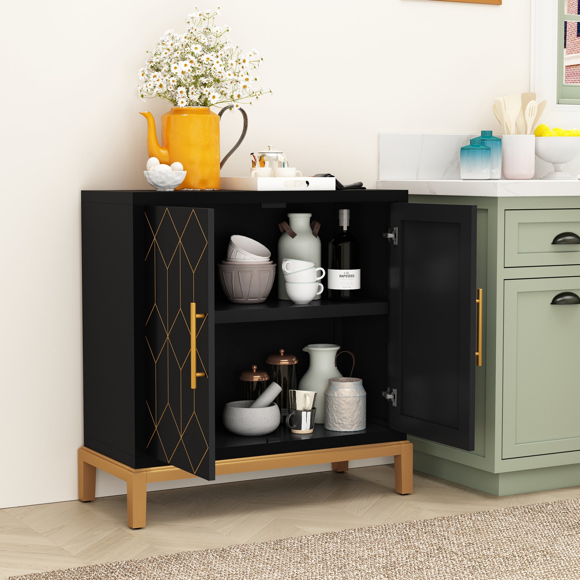 HLR 30.7"W Black Accent Cabinet with 2 Doors, Entryway Cabinet with Gold Trim, Modern Buffet Sideboards