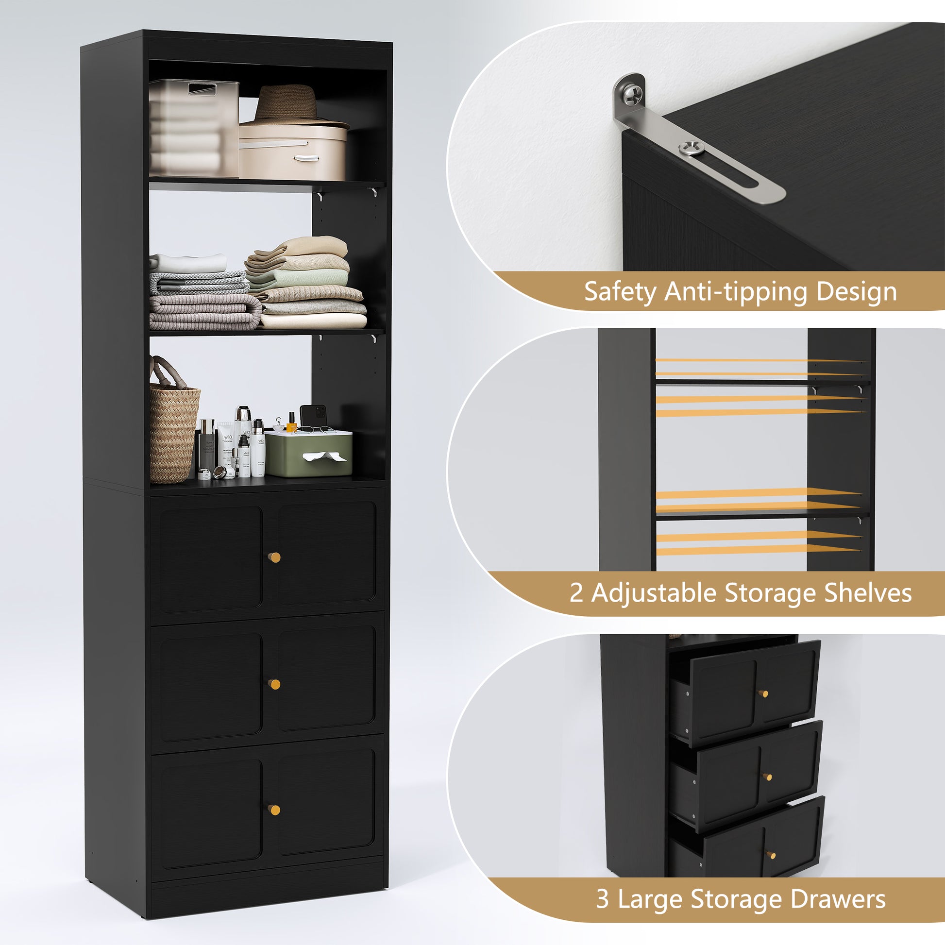 HLR Open Wardrobe Closet System with Adjustable Hanging Rods, Storage Cabinet with Drawers and Shelves, Black