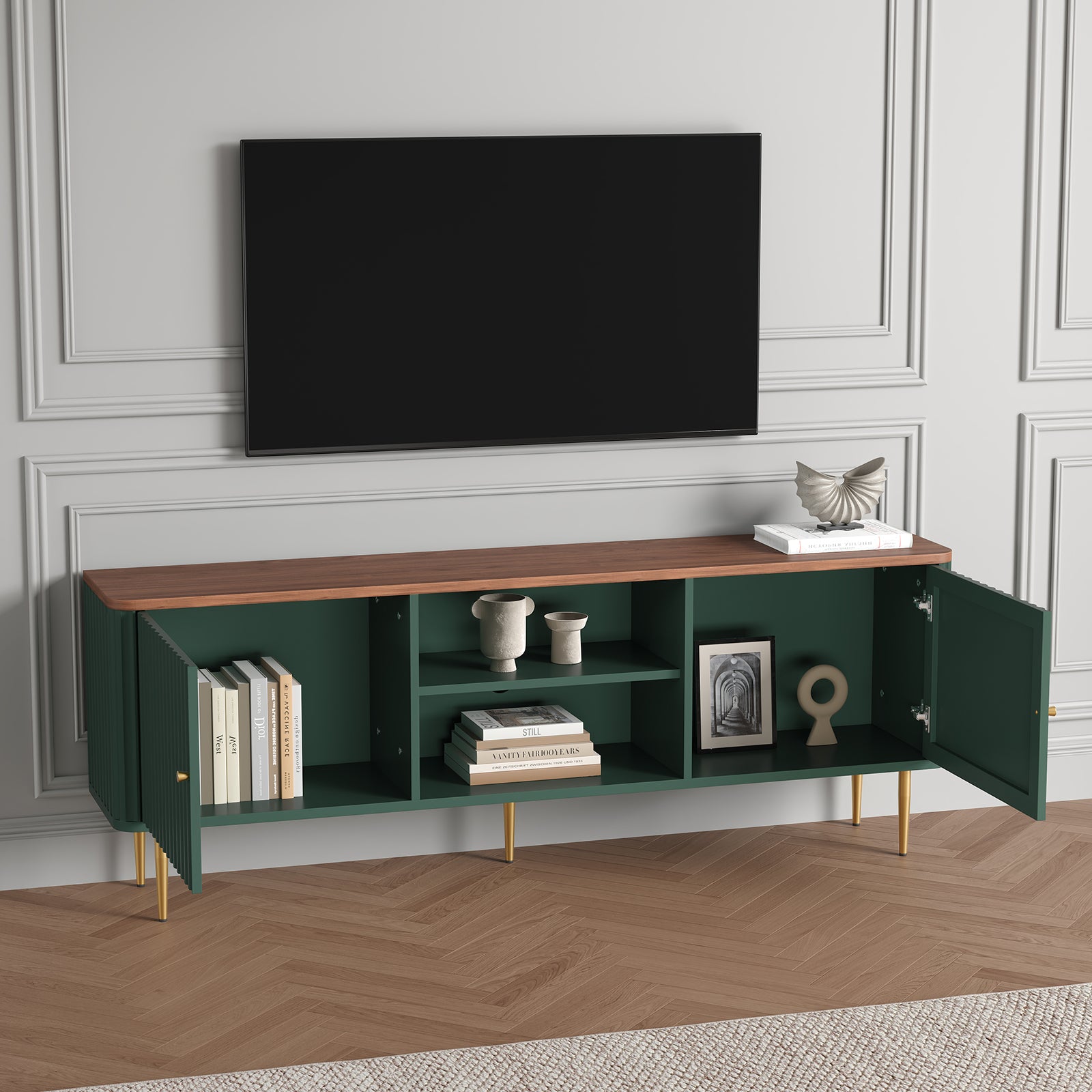 CBJCBJ Modern Fluted 67" TV Stand for 75inch TV with Storage, Entertainment Center for Living Room,Green