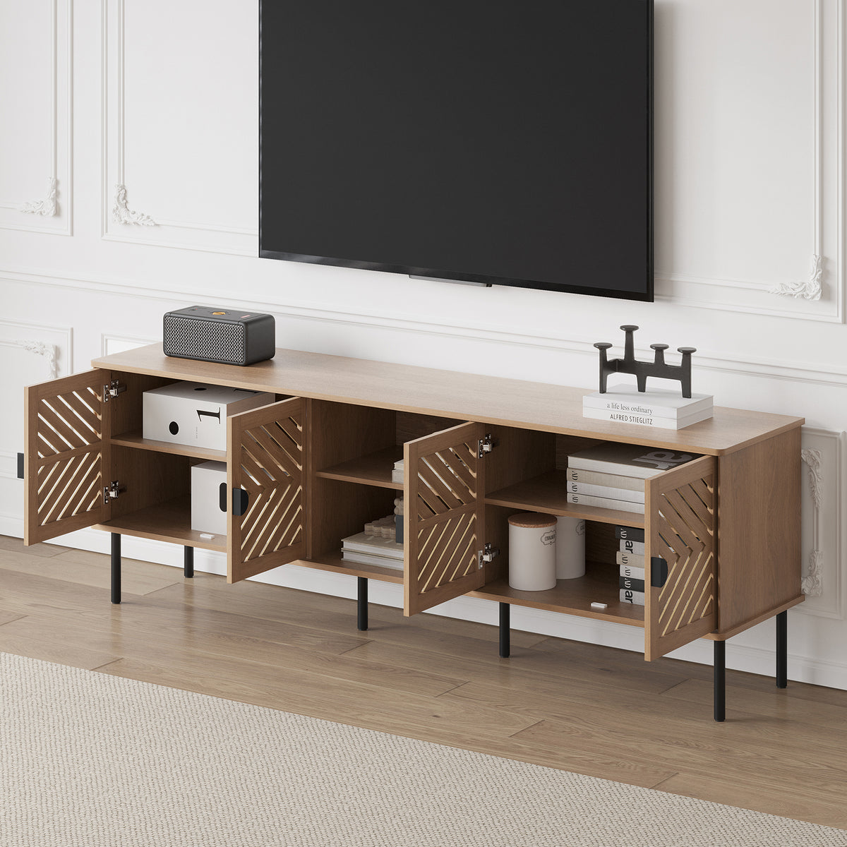 HLR Mid Century Modern 70" Large TV Stand for 80 Inch TV, Entertainment Center with Storage, Walnut
