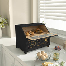 CBJCBJ 15.1" Gold-Trimmed Wooden Bread Box, Double Layer Kitchen Counter Organizer, Vintage Farmhouse Storage,Black