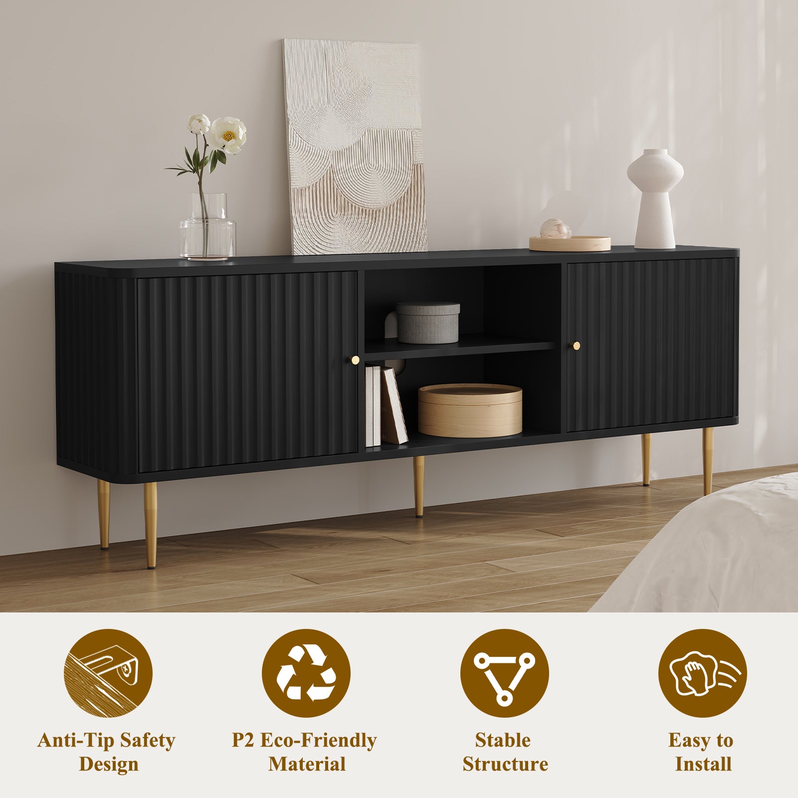 HLR 67 In Fluted TV Stand for TVs Up to 75 Inch, Mid Century Modern Entertainment Center with Storage, Black