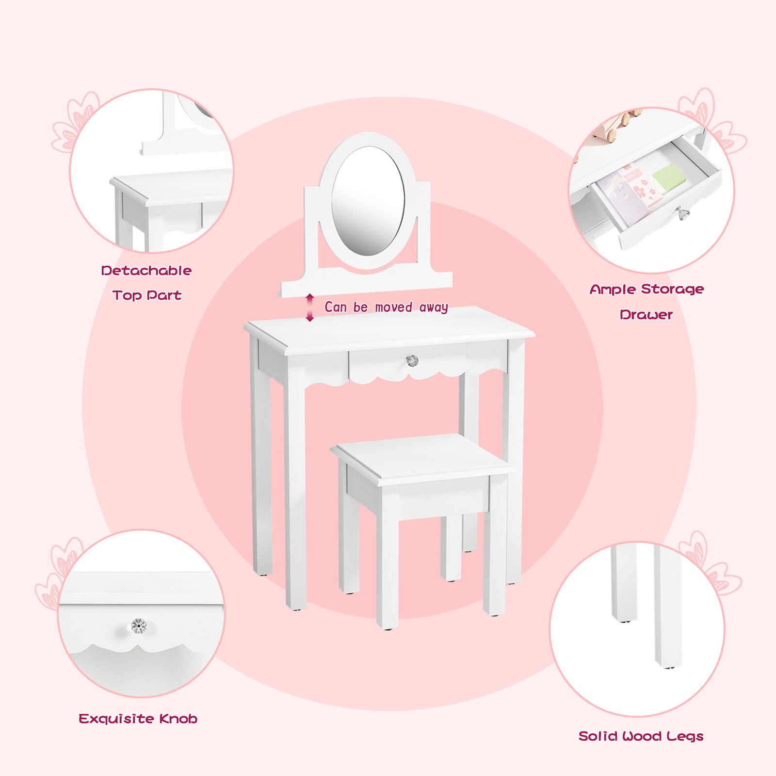 CBJCBJ Kids Vanity Set with Mirror and Stool（Detachable Top）, Wooden 2 in 1 Princess Makeup Desk Dressing Table