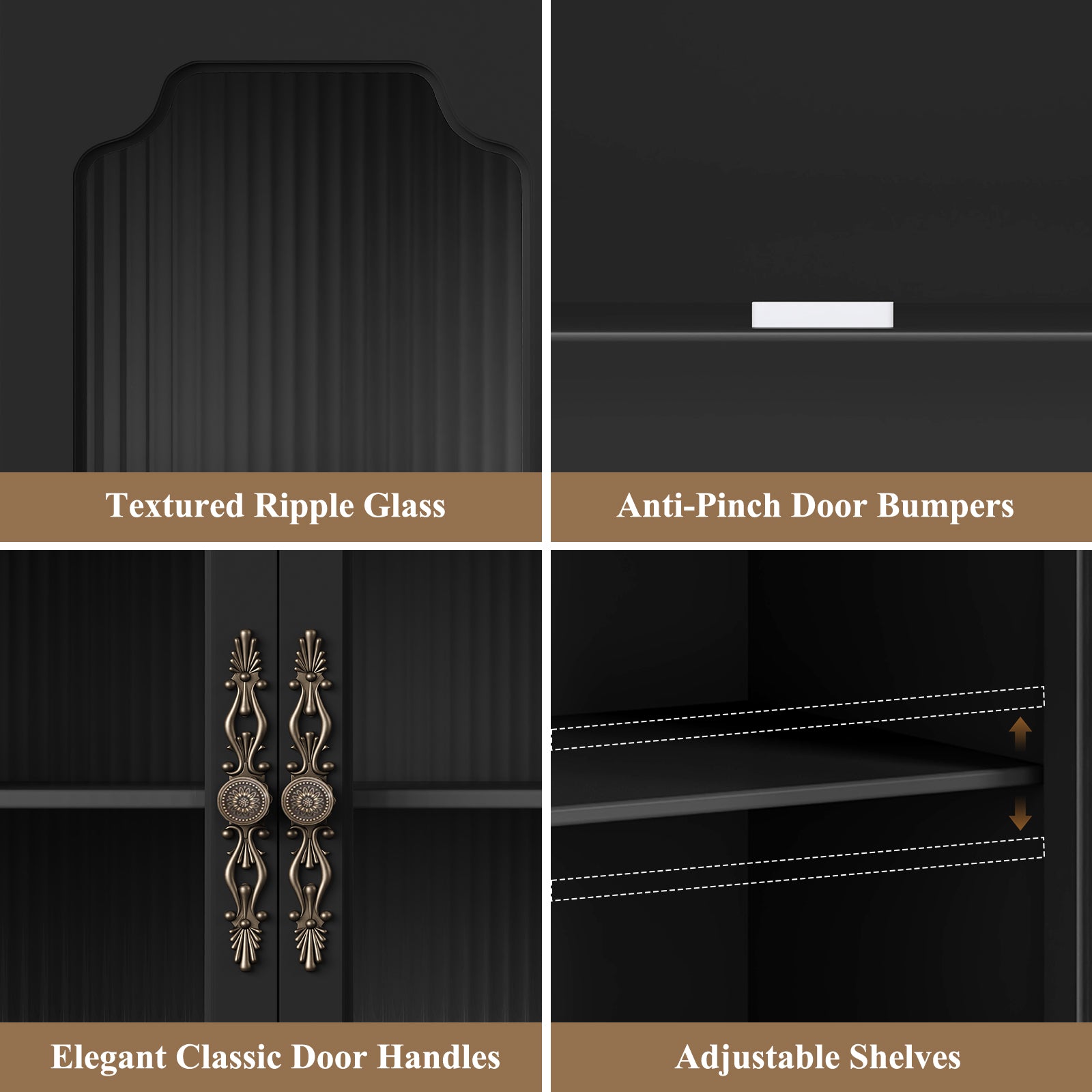 HLR 58'' Large Sideboard Buffet Cabinet with Storage, 4 Glass Modern Credenza Table for Kitchen, Black