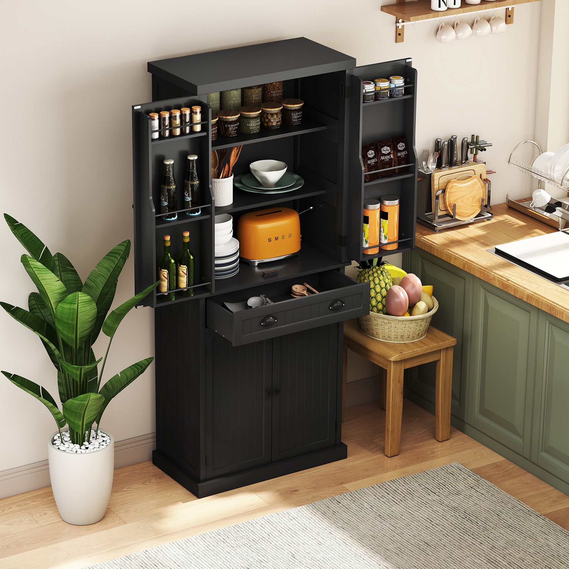 HLR 72" Utility Pantry Storage Cabinet, Tall Cupboard with Door Shelves and Drawer for Kitchen, Black