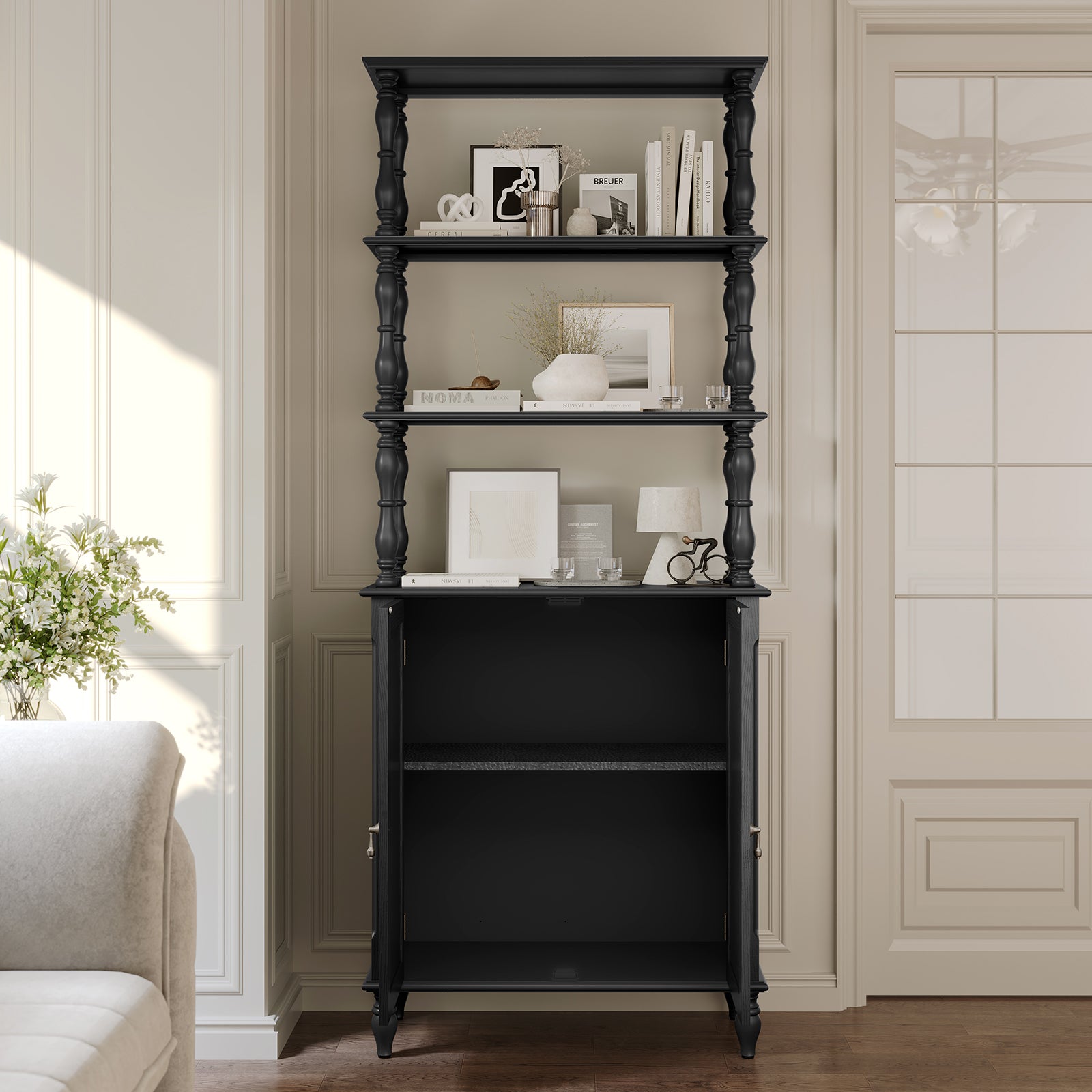 CBJCBJ 77.5" Retro Bookcase with Storage Cabinet and Removable Display Shelf, Suitable for Living Room, Study Room,Black