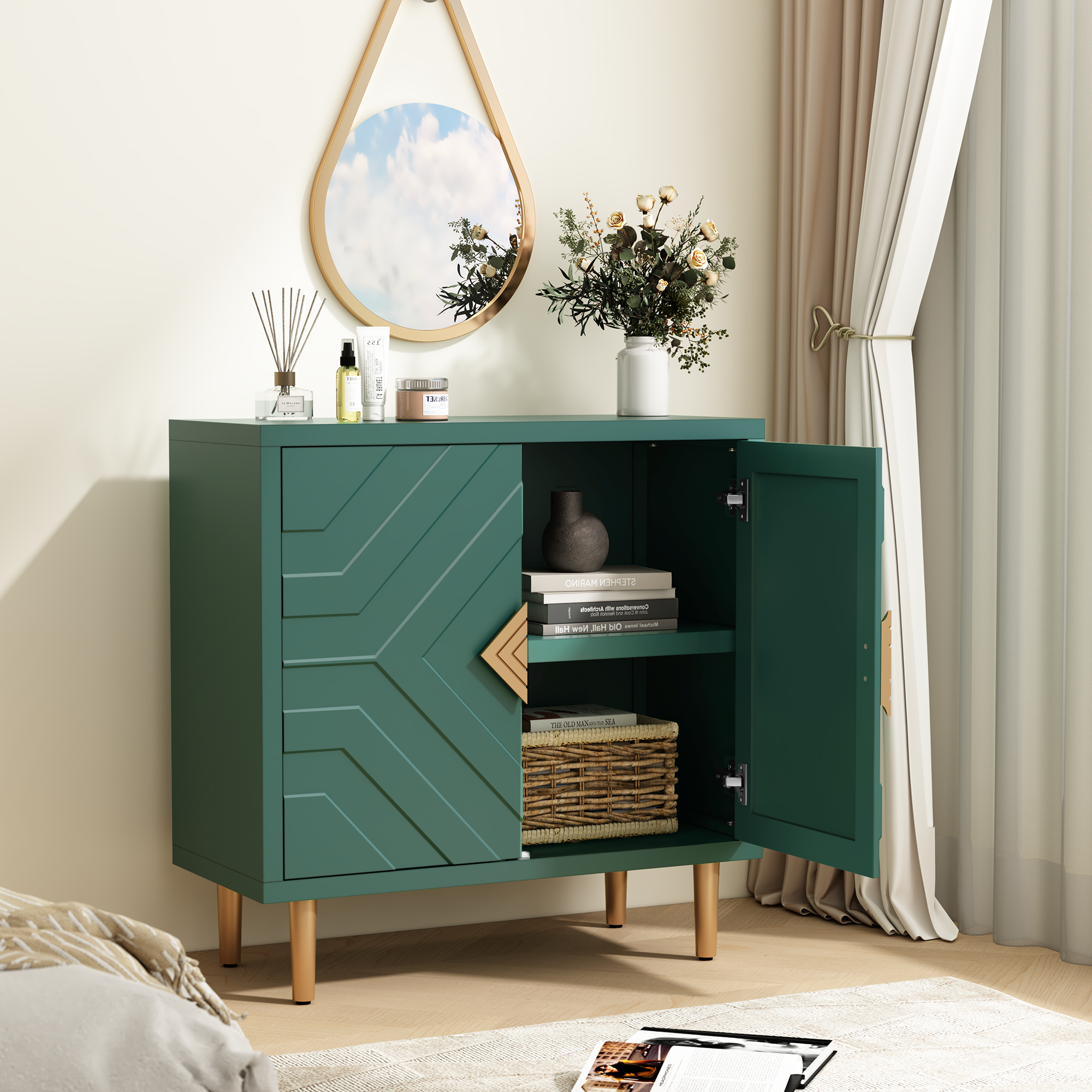 CBJCBJ 31.7" Modern Accent Sideboard Buffet Cabinet with 2 Doors & Shelves, Credenza for Living Room Storage, Green