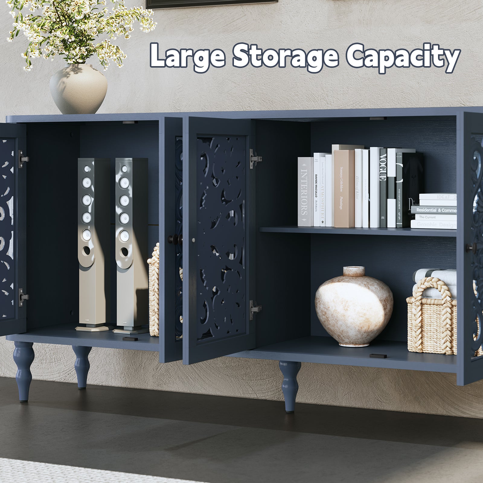 CBJCBJ 63" Retro Arc Carved Sideboard Buffet Cabinet, Wooden Credenza Storage for Dining Room, Blue