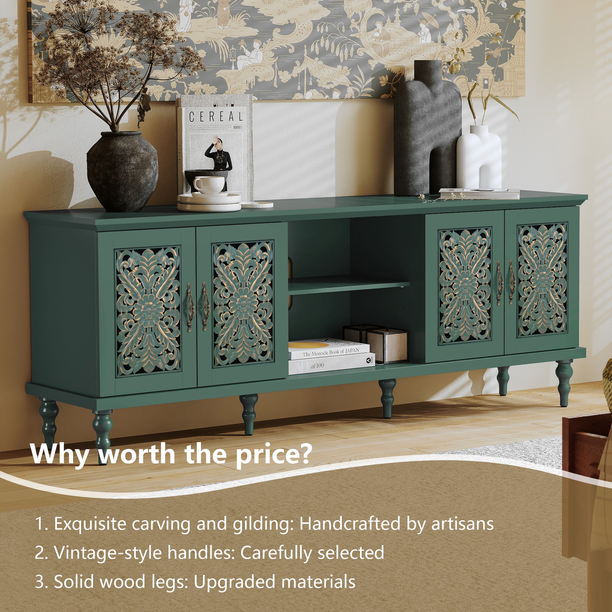 CBJ CBJ Modern Retro 67" TV Stand for TVs up to 75", Living Room Entertainment Center with 4 Door Storage Cabinet,Green