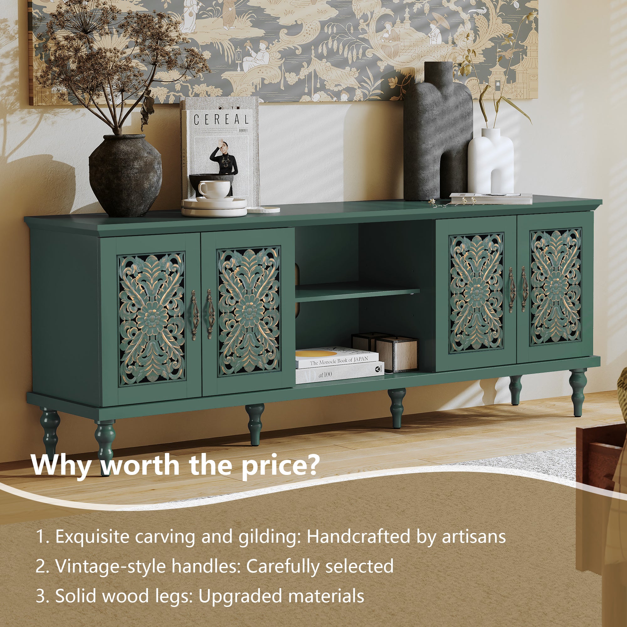 CBJ CBJ Modern Retro 67" TV Stand for TVs up to 75", Living Room Entertainment Center with 4 Door Storage Cabinet,Green