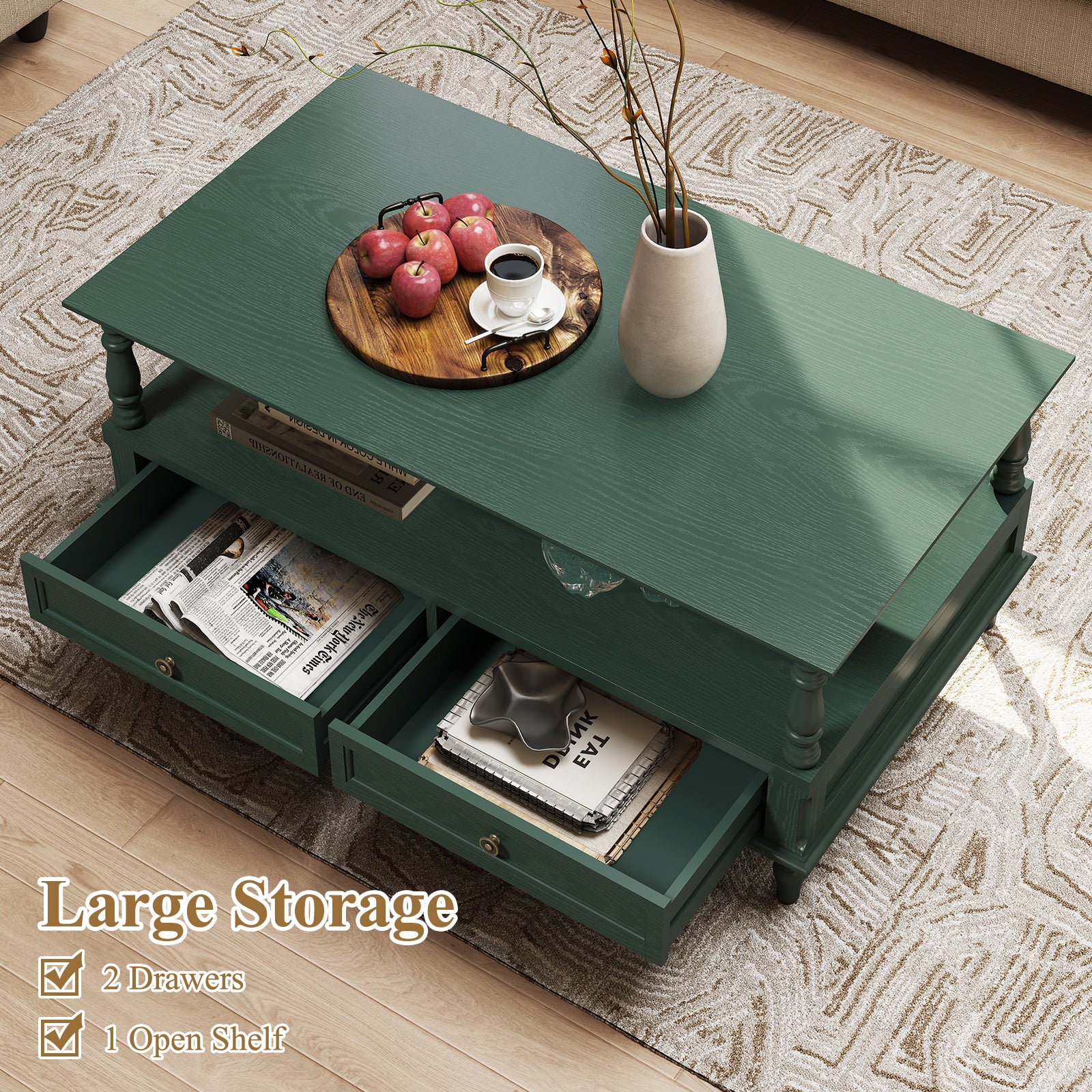 HLR 41" Mid Century Modern Coffee Table with Drawer Storage, Assembled Wood Center Table for Living Room, Green