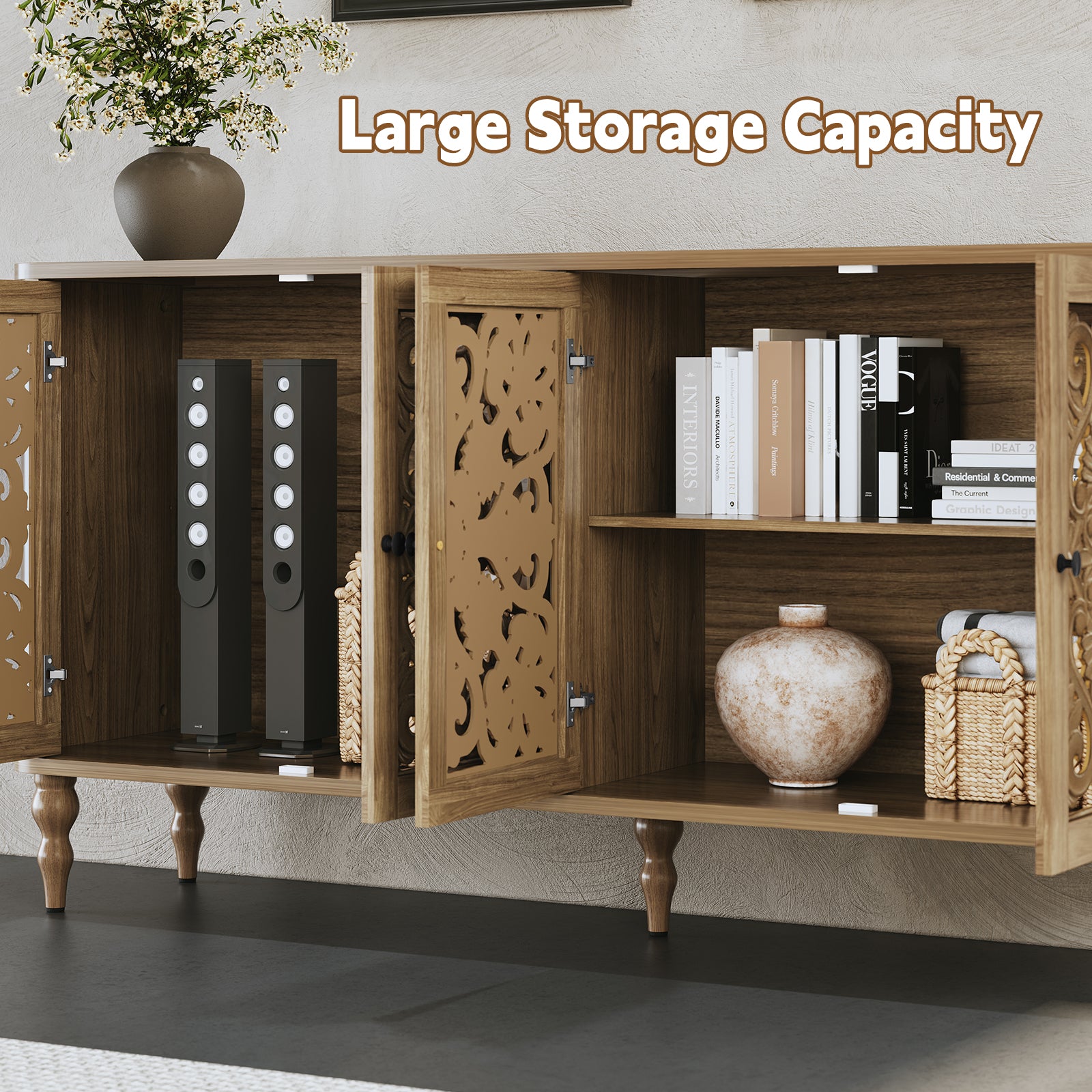 CBJCBJ 63" Retro Arc Carved Sideboard Buffet Cabinet, Wooden Credenza Storage for Dining Room, Brown
