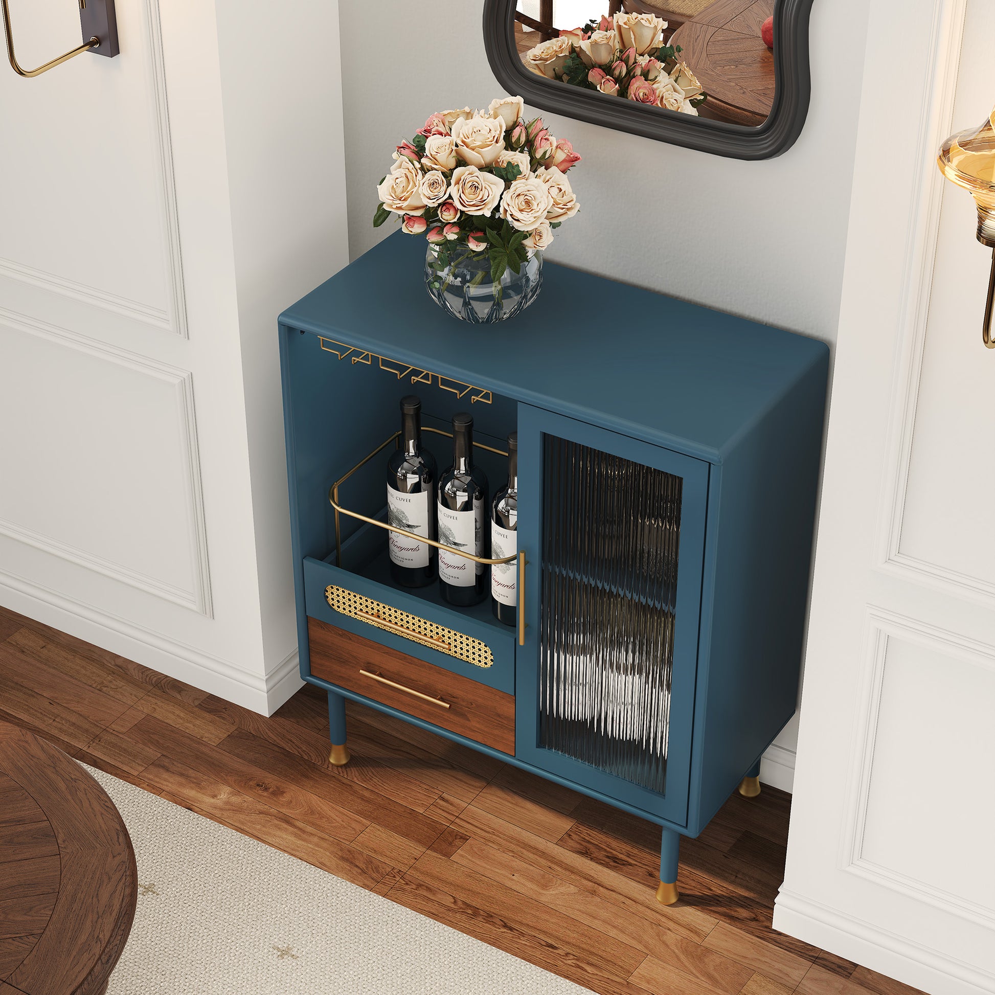 HLR 31.5"W Modern Wine Storage Cabinet with Pull-Out Rack & Tempered Glass Doors – Compact Coffee Bar for Kitchen, Dining Room, Apartment,Blue