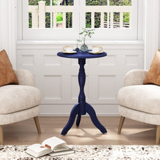HLR Round Small End Table, Wooden Pedestal Side Coffee Table, Vintage Accent Nightstand for Living Room, Entryway, Navy Blue