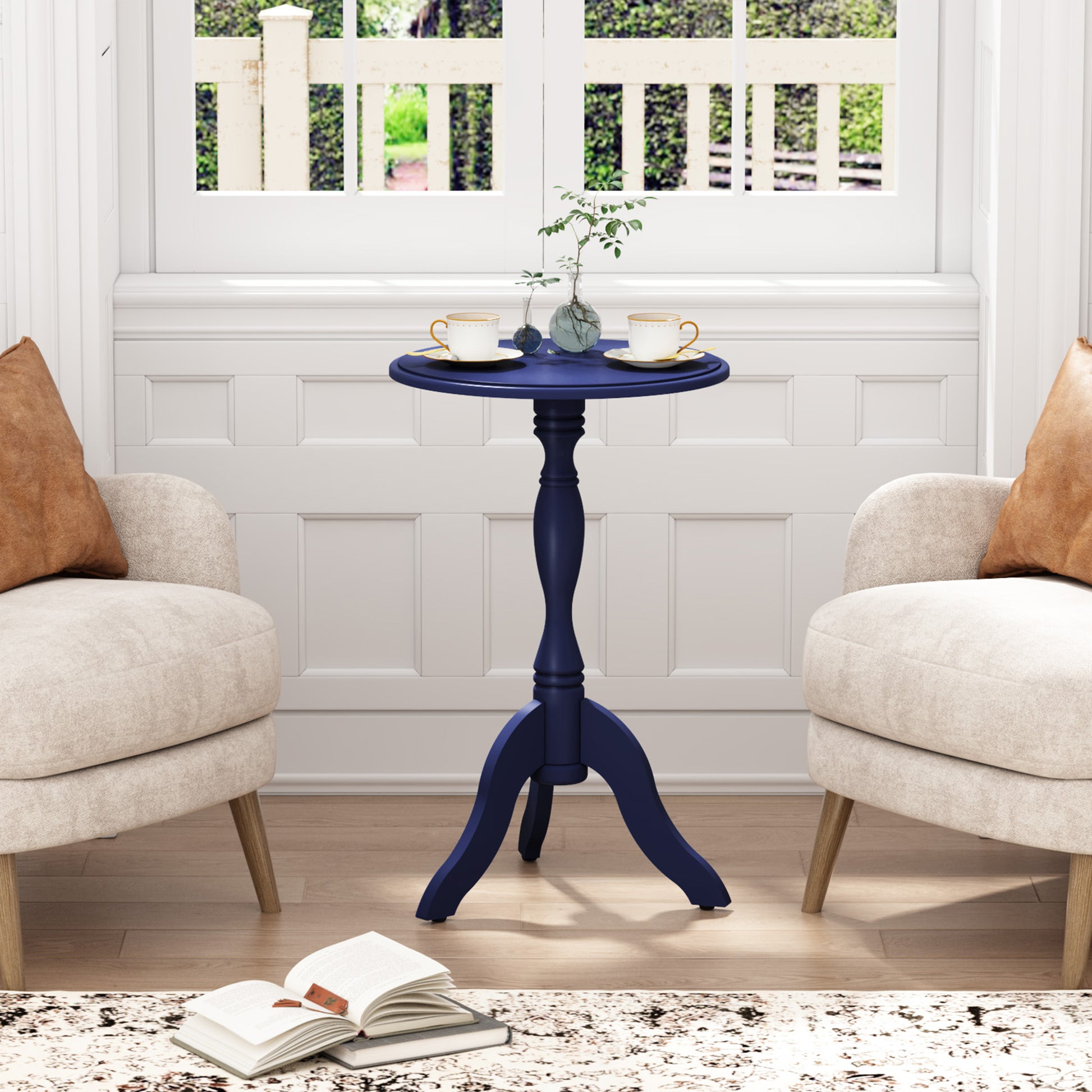 HLR Round Small End Table, Wooden Pedestal Side Coffee Table, Vintage Accent Nightstand for Living Room, Entryway, Navy Blue