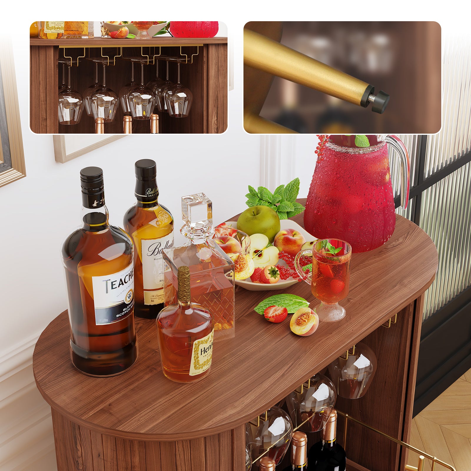 CBJCBJ Bar Cabinet with Tambour Door, Wood Liquor Cabinet with 16 Wine Racks and Adjustable Shelves, Brown
