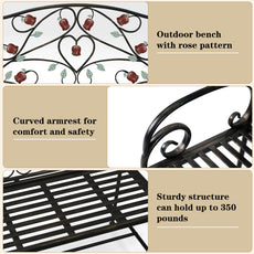 HLR Farmhouse Outdoor Bench with Rose Pattern, 41.7'' Metal Frame Patio Garden Chair Cast Iron, Black