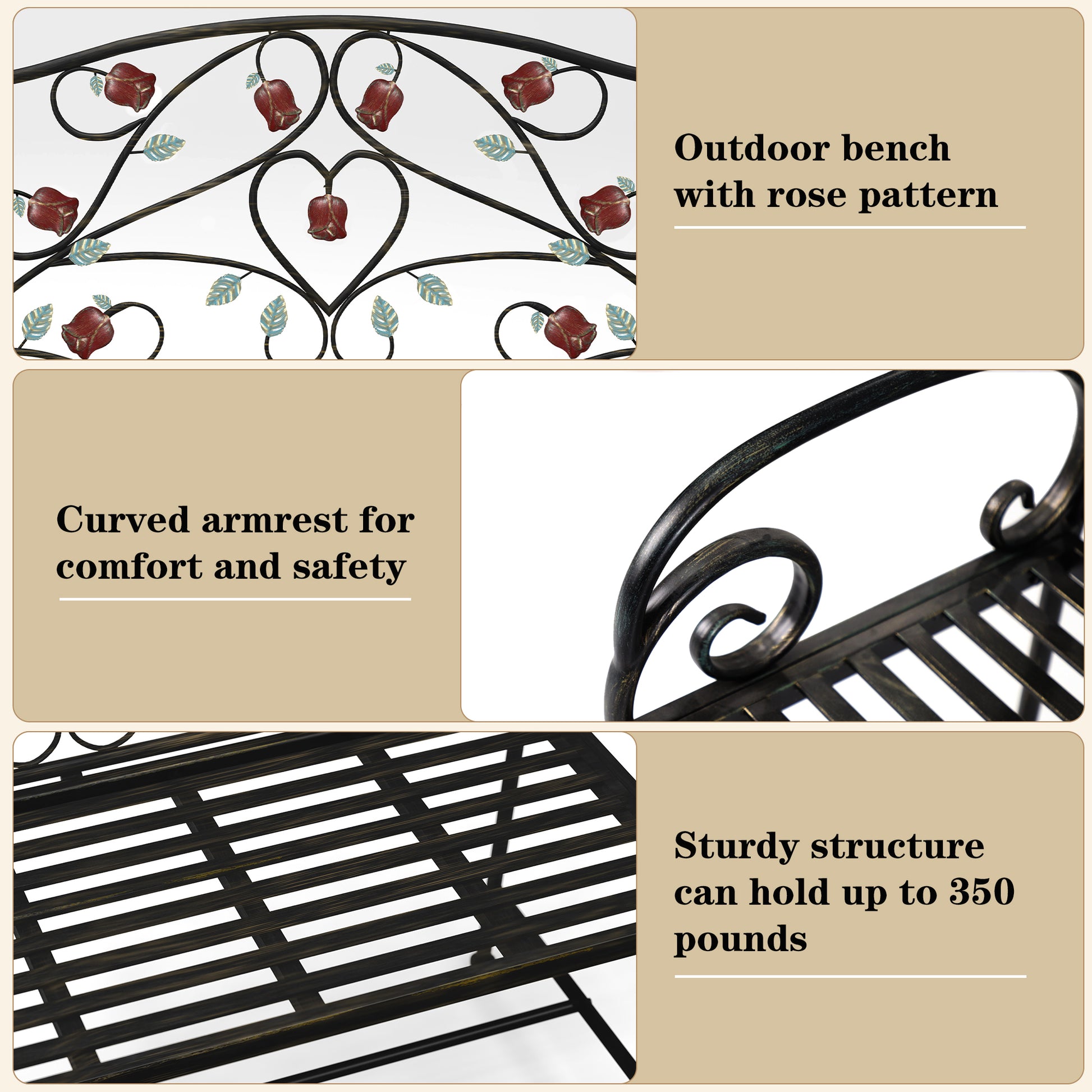 HLR Farmhouse Outdoor Bench with Rose Pattern, 41.7'' Metal Frame Patio Garden Chair Cast Iron, Black