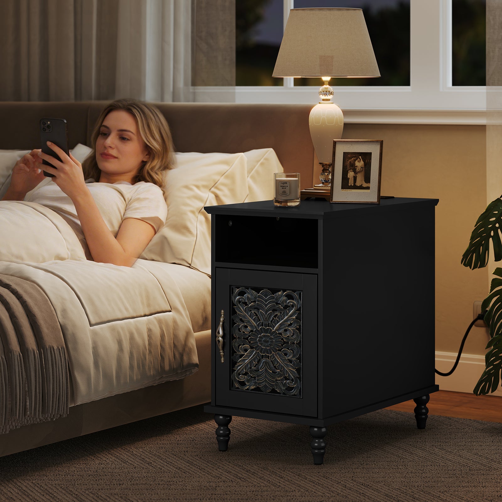 HLR 13.77" Nightstand with Charging Station, Modern Black End / BedSide Table for Living Room
