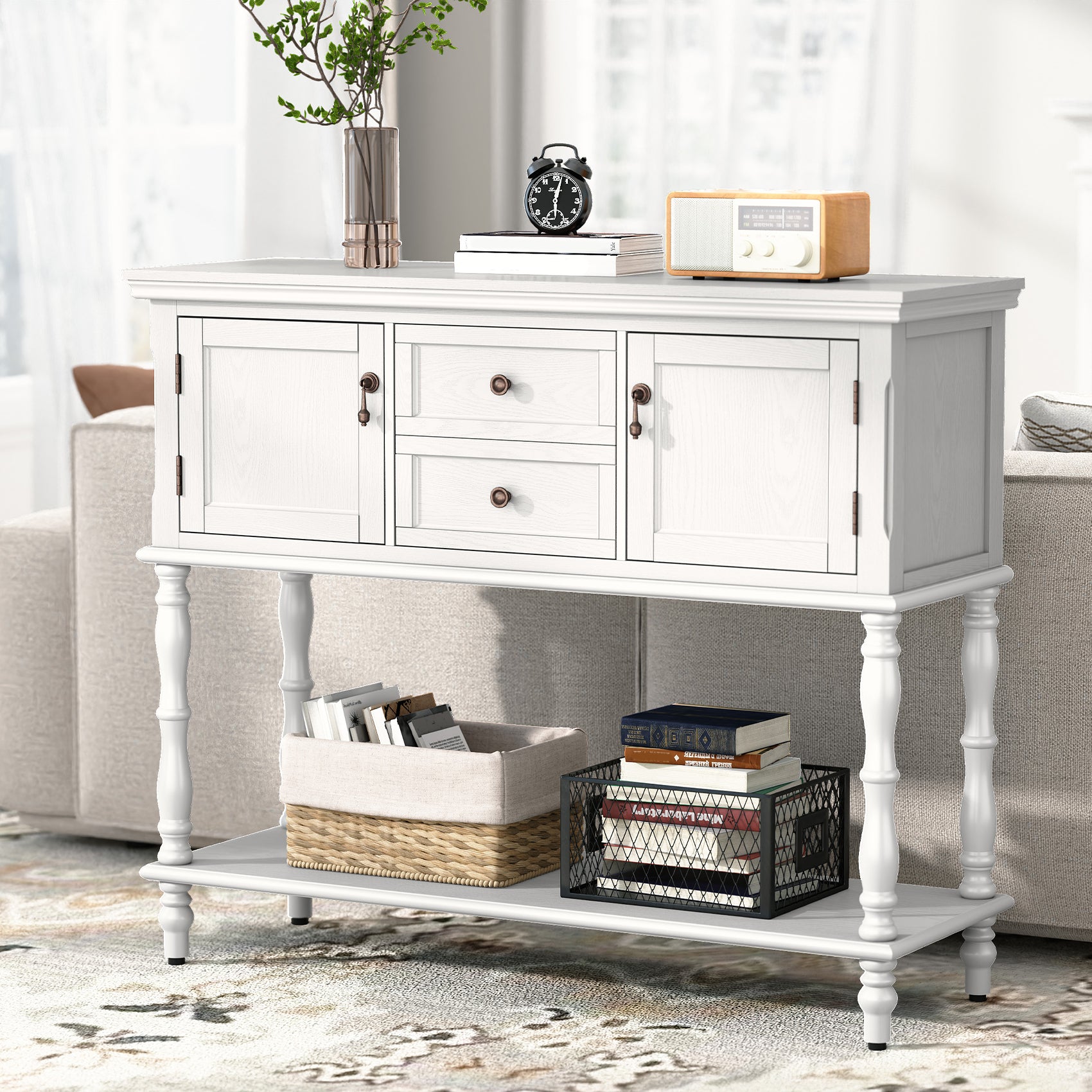 CBJCBJ 42" Farmhouse Console Table , 2 Drawer Narrow Long Entryway Table with Open Storage Shelf , for Living Room, White