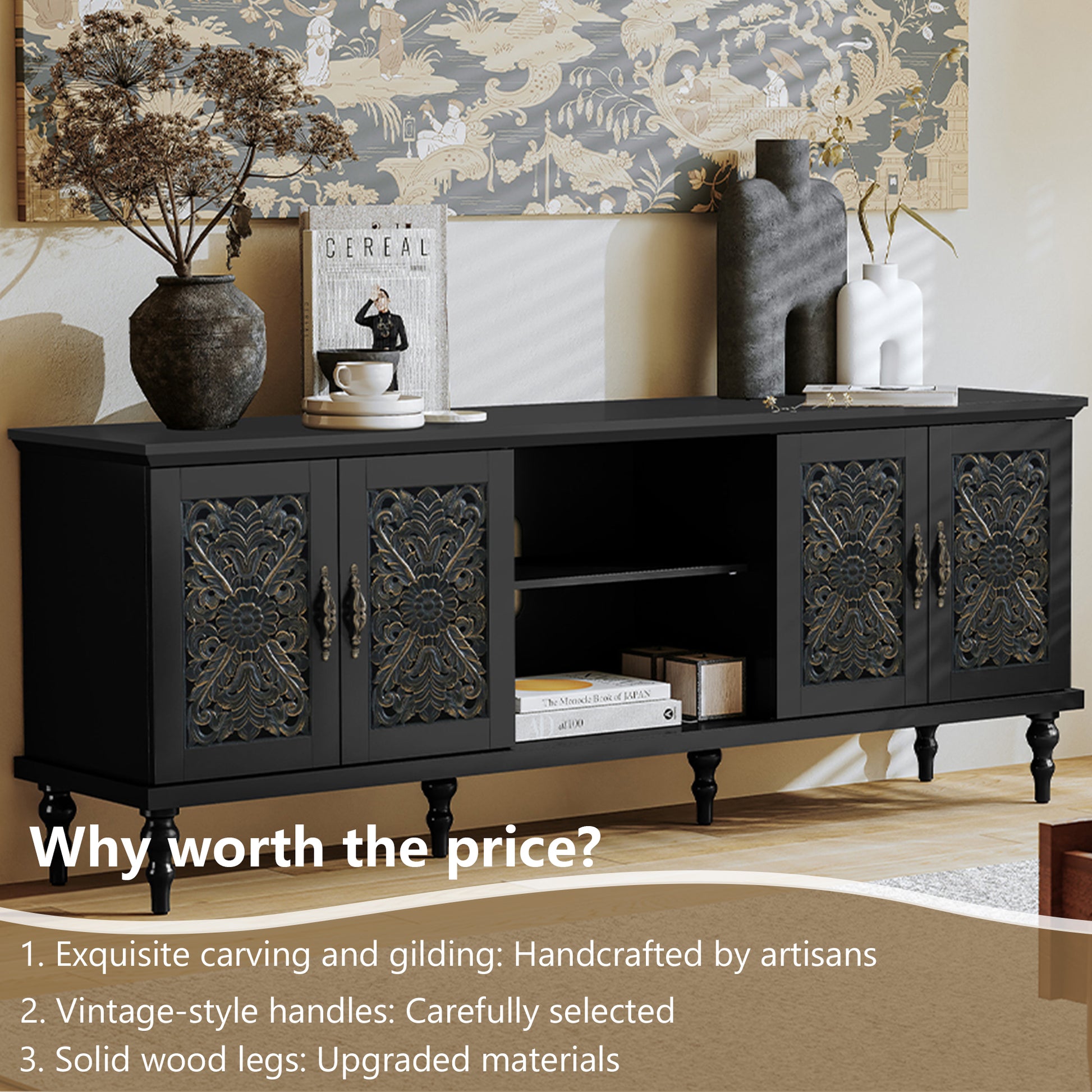 CBJCBJ Retro 67" TV Stand for TVs up to 75", Living Room Entertainment Center with 4 Door Storage Cabinet,Black