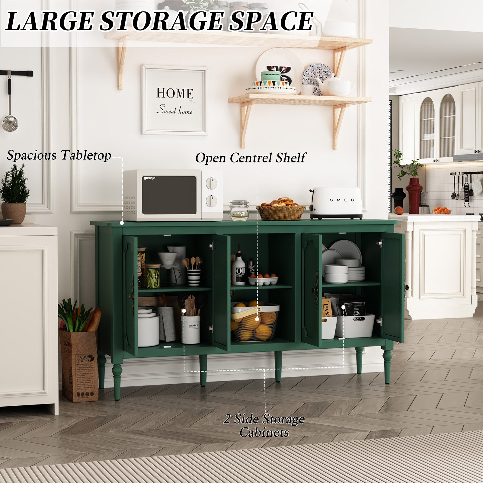CBJCBJ 59" Mid-Century Storage Cabinet with Adjustable Shelves, Double-Layer Open Design for Living Room & Bedroom, Green